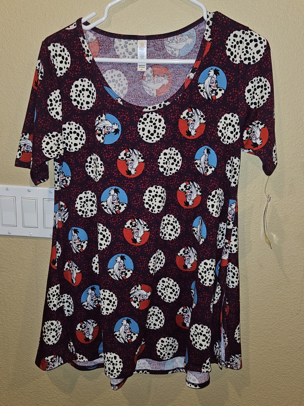 LuLaRoe- NWT- Disney Cruella Maroon Dalmatian - Oversized XS